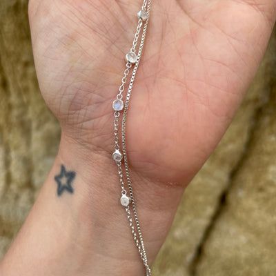 Silver Moonstone Anklet Fine Dainty Double Chained Anklet Rainbow Moonstone Jewelry Moonstone Sterling Silver Anklet June Birthstone Gifts