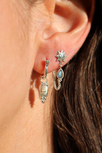 Labradorite Dangle Studs Sun Silver Jewelry Hand Made Unique Earrings Gifts For Her Green Stone Studs Front to Back Chain Cosmic Jewelry