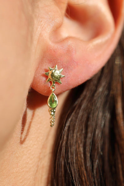 Sun Studs Gold Front to Back Chain Studs Green Peridot Delicate Boho Jewelry Cosmic 14K Gold Vermeil Jewelry Gift August Birthstone Earrings