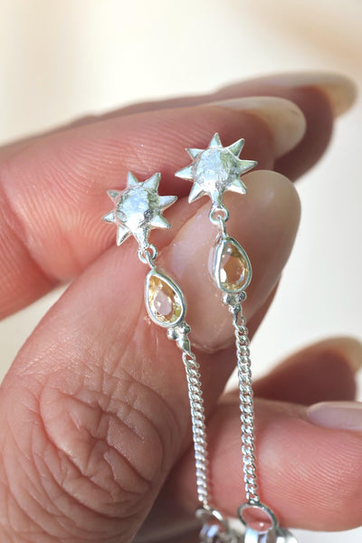 Silver Sun Dangle Studs Citrine Studs Front To Back Chain Earrings November Birthstone Jewelry Citrine Earrings Dangle Chain Stud Earrings