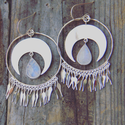 Opia Rainbow Moonstone Sterling Silver Earrings, Silver Crescent Moon Dangling Earrings, Silver Moon Earrings, Moonstone Earrings Silver