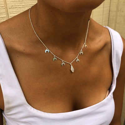 Moon Lover Sterling Silver Moonstone Necklace, Silver Moon Choker Necklace, June Birthstone Jewelry, Gifts for her, Silver Layering Necklace