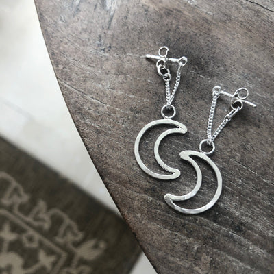 Luna Chain Sterling Silver Crescent Moon Dangling Stud Earrings, Simple Silver Moon Earrings, Hypoallergenic Half Moon earrings, Gift