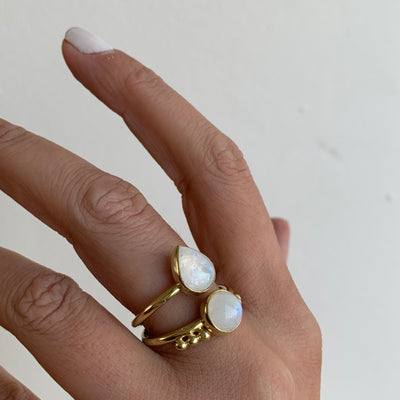 Lucia 14K Gold Plated Sterling Silver Rainbow Moonstone Double Statement Ring, June birthstone, Statement Ring, Moon Stone Ring, Silver base