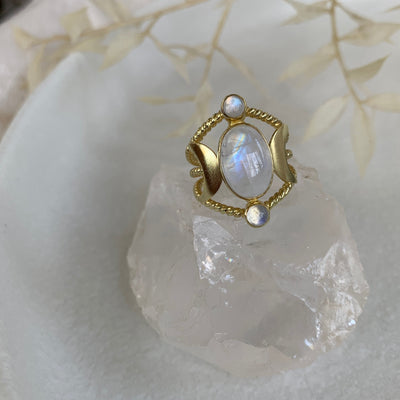 Raina Ring 14K Gold Plated Moonstone Statement Ring, Womens Gold Moonstone Ring, Gold Moon Triple Goddess Ring, June Birthstone Jewelry