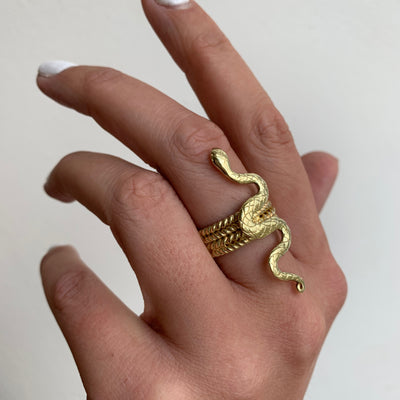 Serpent 14K Gold Plated Sterling Silver Statement Ring, Gold Snake Ring, Gold Unisex Ring Snake, Handmade Serpent Ring, 14K Gold Rings