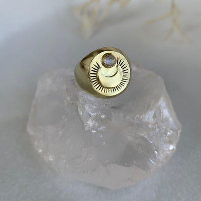 Oracle 14K Gold Plated Sterling Silver Moonstone Signet Ring, Gold Moon Signet Ring, Rainbow Moonstone Unisex Pinky ring, June Birthstone