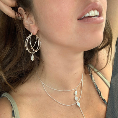 Cleopatra Sterling Silver Rainbow Moonstone Earrings, Triple Hoop Silver Earrings, Large Moonstone Statement Hoops, Three Hoops Earrings