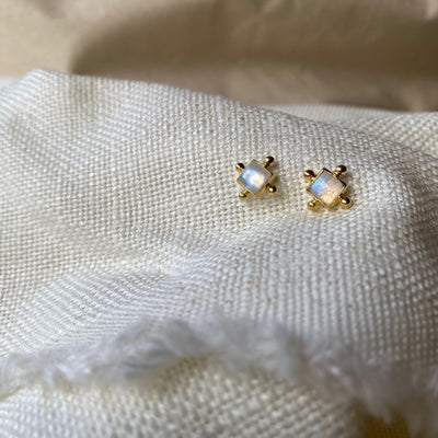 Gia 14K Gold Plated Square Moonstone Studs, Tiny Stud Earrings, Small Rainbow Moonstone Earrings, Dainty Bohemian Earrings for Women