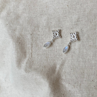 Illy Tiny Drop Earrings, Sterling Silver Square Studs with Rainbow Moonstone Dangle, Small Stud Earrings, June Birthstone Jewelry