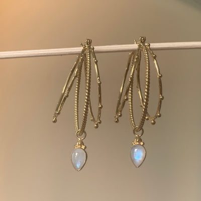 Cleopatra 14K Gold Plated Sterling Silver Moonstone Earrings, Gold Triple Hoop Earrings, June Birthstone, Rainbow Moonstone Hoops Gold