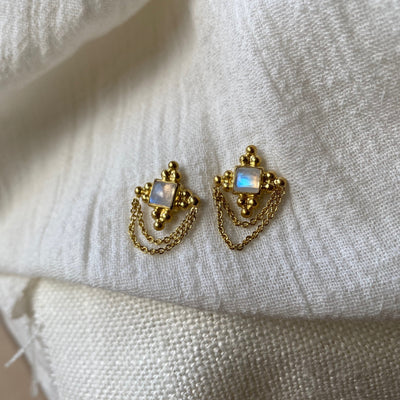 Chloe 14K Gold Sterling Silver Rainbow Moonstone Double Chained Studs, June Birthstone, Gold Studs with Chain, Wedding Jewelry, Gift for her