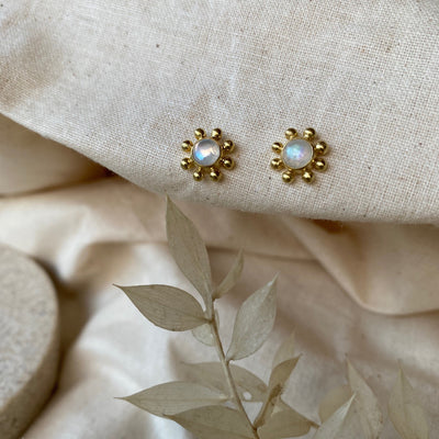 Little Sun 14K Rainbow Moonstone Stud Earrings, Gold Moonstone Flower Stud Earrings, Gold Suns with Moonstones, June Birthstone Jewelry