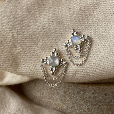 Chloe Sterling Silver Double Chained Studs, Silver Chained Earrings, Moonstone Dangling Studs, Rainbow Moonstone Square Studs Chains, June