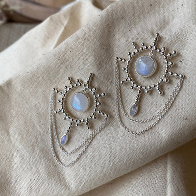 Aurora Sun Sterling Silver and Rainbow Moonstone Statement Earrings, June Birthstone Jewelry, Big Chandelier Style Earrings, Moonstone Gift