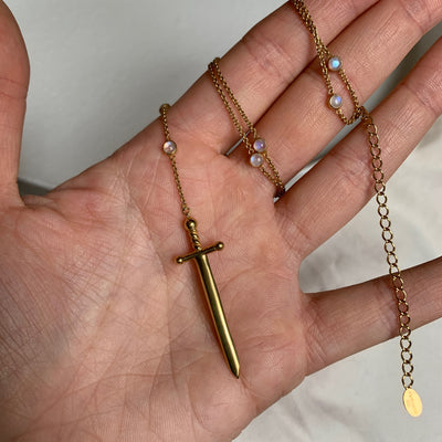 Ace of Swords 14K Gold and Rainbow Moonstone Necklace Sword Necklace, Sword Amulet, Gold Sword Pendant, Silver Sword Jewelry, Gifts for He