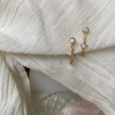 Ada 14K Gold Plated Front to Back Rainbow Moonstone Studs, Gold Wrap Around Studs, Gold Moonstone Jewelry, Gold Figaro Chain Wrap Studs