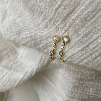 Evie 14K Gold Plated Front to Back Rainbow Moonstone Studs, Moonstone Wrap Around Earrings, Figaro Chain Earrings, June Birthstone Jewelry