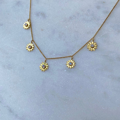 Sunflower 14K Gold Plated Sterling Silver Rainbow Moonstone Necklace, Floral Moonstone Necklace, Wedding Jewelry, Gold Flower Charm Choker