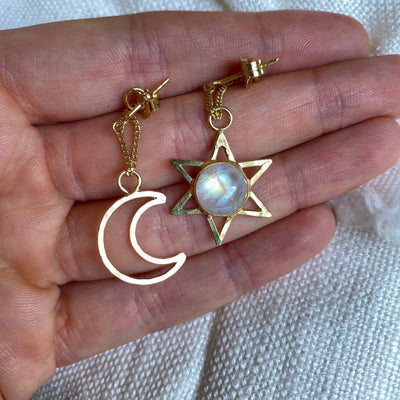 Gold Moonstone Star and Crescent Moon Mismatched Earrings, Threader Chain Dangling Stud Earrings, 14K Gold Plated Sterling Silver Earrings