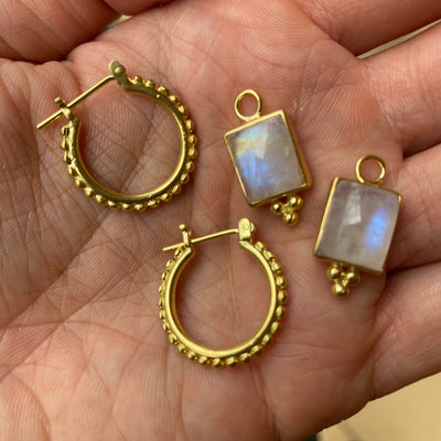 Thalia Studded Hoops Earrings with Rainbow Moonstone Rectangle Charm Earrings, 14K Gold Plated, Bridesmaids Moonstone Jewelry, Gifts for her