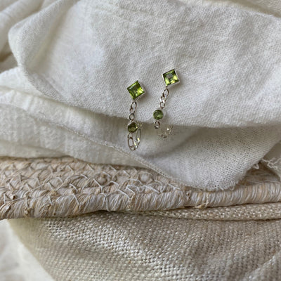 Peridot Sterling Silver Studs, Leo Birthstone, Front to Back Chain Drop Earrings, August Birth Stone Studs, Green Earrings, Peridot Jewelry
