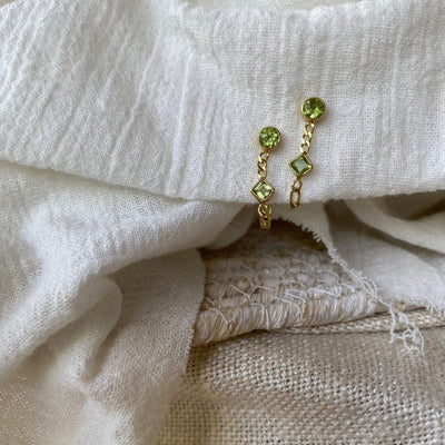 Peridot Gold Studs, Leo Birthstone, Front to Back Chain Drop Earrings, August Birth Stone Studs, Green Earrings, 14K Gold and Green Studs