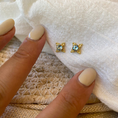 Tiny Round Blue Topaz Studs, Dainty Blue Gemstone Earrings, Bridesmaids and Boho Bride Jewelry, Gold and Blue Studs, Dec Birthstone Jewelry