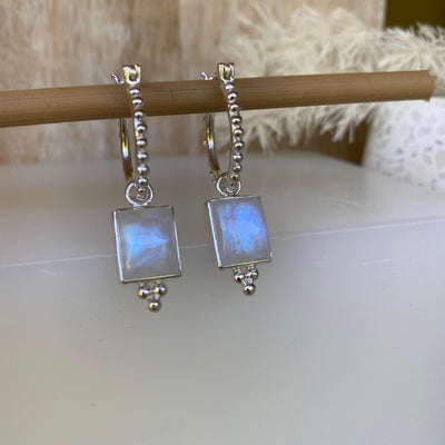 Thalia Studded Hoops Earrings with Rainbow Moonstone Rectangle Charm Earrings, June Birthstone, Bridesmaids Moonstone Jewelry, Gifts for her