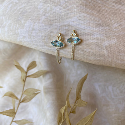 Ophelia Eye Blue Topaz Sterling Silver Studs, Boho Bride Earrings, Front to Back Chain Drop Earrings, November Birthday Stone Stud Earrings