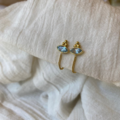 Ophelia Eye Blue Topaz 14K Gold Studs, Bride Earrings, Front to Back Chain Drop Earrings, November Birth Stone Earrings, Bright Blue Studs