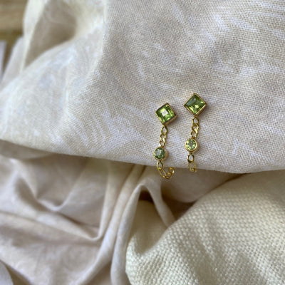 Peridot 14K Gold Studs, Leo Birthstone, Front to Back Chain Drop Earrings, August Birth Stone Studs, Green Earrings, Green Stud Earrings Leo