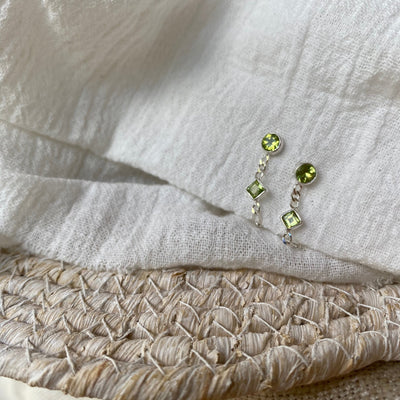 Peridot Sterling Silver Studs, Leo Birthstone, Front to Back Chain Drop Earrings, August Birth Stone Studs, Green Earrings, Leo Earrings