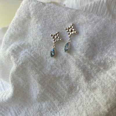 Illy Tiny Drop Blue Topaz Earrings, Sterling Silver Square Studs with Blue Topaz Dangle, Small Stud Earrings, December Birthstone Jewelry