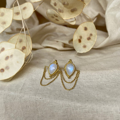 Zoe Double Chain Teardrop Studs, 14K Gold Plated Rainbow Moonstone Earrings, Double Chain Gold Earrings Boho Style, June Birthstone Jewelry