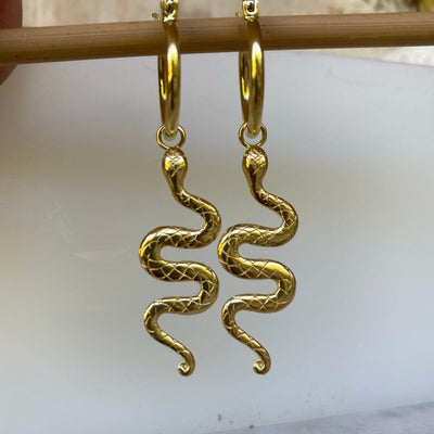 Serpent 14K Gold Plated Sterling Silver Charm Hoop Earrings, Snake Earrings on Hoops, Gold Snake Earrings Detachable charms, Snake charm