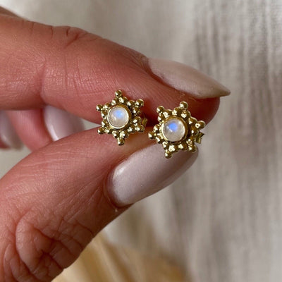 Sol Studs, Small Moonstone Studs, Gold Sun Earrings, Dainty Everyday Studs, Birthstone Jewelry, Cosmic Studs, June Birthstone, Gifts for her