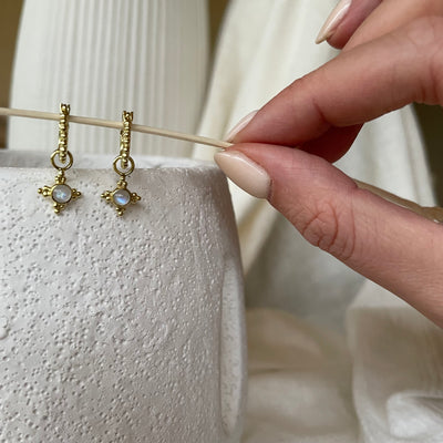 Annika Mini 14K Gold Plated Sterling Silver  Rainbow Moonstone Hoop Earrings, Small Moonstone Hoops, Dainty Everyday Hoops, Gift for her