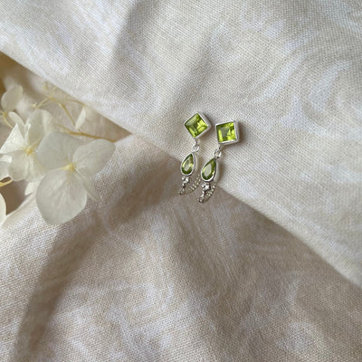 Kalani Sterling Silver Peridot Delicate Chain Wrap Studs, Delicate Peridot Stud Earrings Wrap Around Chains, August Birthstone, Green Studs