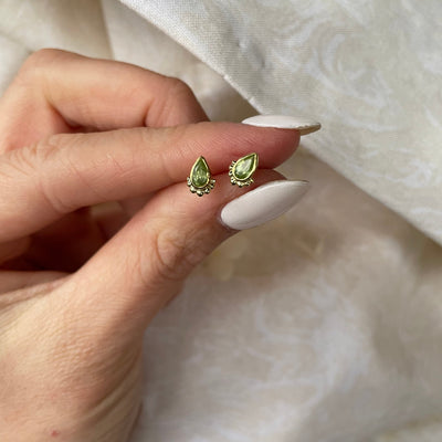 Amaya Studs, Small Peridot Studs, Tiny Gold Pear Shaped Green Stud Earrings, Dainty Everyday Studs, August Birthstone Jewelry