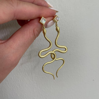 Gold Medusa Earrings | 14k Gold Plated Earrings | Moonstone Snake Earrings | Gold Snake Earrings | Serpent Earrings | Snake Dangle Earrings