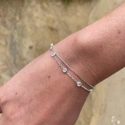 Silver Cleo Moonstone Bracelet, Fine Dainty Bracelet, Double Chained Bracelet, Rainbow Moonstone Jewelry, Moonstone Bracelet Sterling Silver