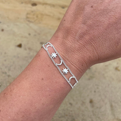 Silver Luminate Bracelet, Womens Fine Sterling Silver Bracelet with Sun and Moons, Silver Celestial Jewelry, Hand Made Delicate Bracelets