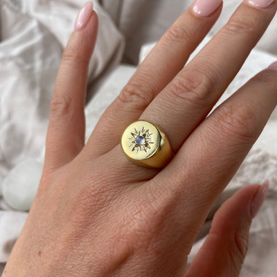 Little Star 14K Gold Plated Sterling Silver Signet Ring, Cosmic Moonstone Signet Ring, Unisex Jewelry, Gold Pinky Rings, Moonstone Jewelry
