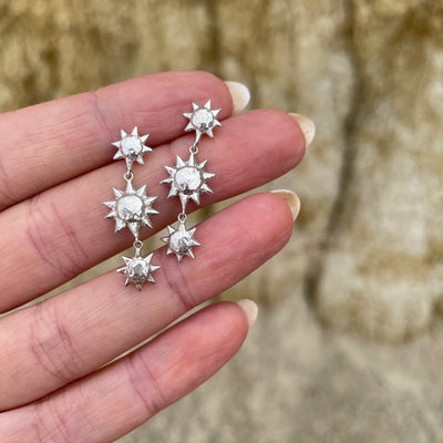 Sunbeam Sterling Silver Earring | Silver Celestial Earrings | Silver Charm Earrings | Silver Sun Earrings | Long Celestial Dangle Earrings