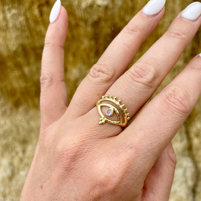 Gold Eye of Protection Ring | 14K Gold Plated Eye Ring | Gold Protection Jewelry | Gold Eye of Ra | Gold Moonstone Jewelry | 14K Gold Ring