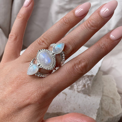 Aphrodite Sterling Silver Rainbow Moonstone Ring, Silver Moonstone, Large Silver Ring, Goddess Jewelry, Gifts for her, June Birthstone