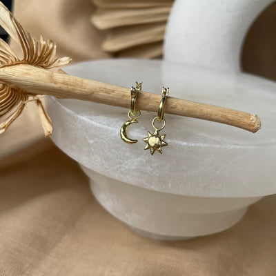 Comsic Lover 14K Gold Sun and Moon Mini Hoop Earrings, Gifts for her, Gold Plated Cosmic Mini Hoops, Mismatch Hoops, Small Gold Charm Hoops