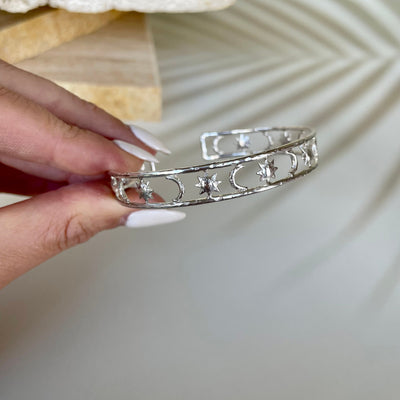 Comsic Lover Sterling Silver Bangle, Bracelet with Sun and Moons, Celestial Jewelry, Hand Made Sun and Moon Silver Bangle, Adjustable Cuff