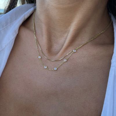 Cleo 14K Gold Rainbow Moonstone Necklace, Gold Plated Jewelry, Multi Strand Necklace, Gold Moonstone Double Chain Gemstone Necklace